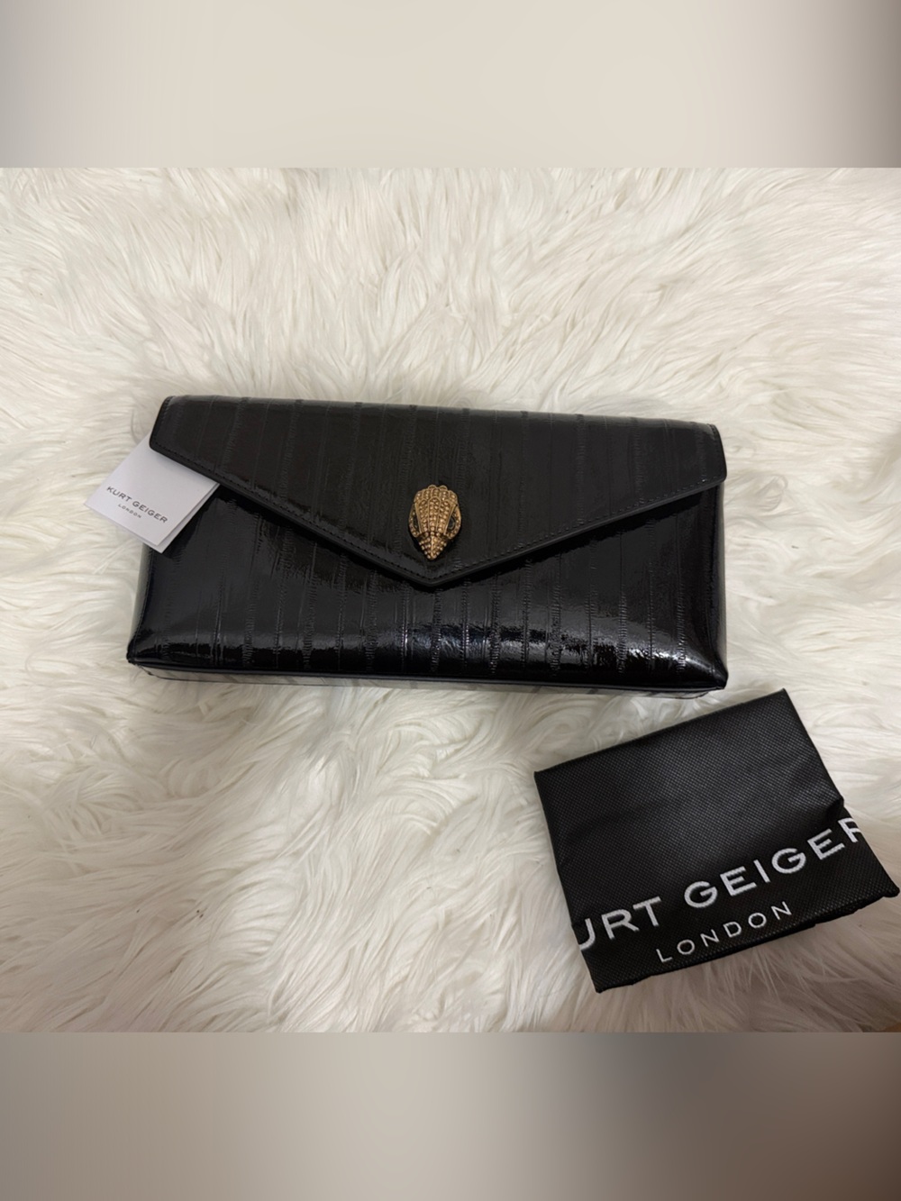 Kurt Geiger Black Patent Envelope Clutch with Gold Accent